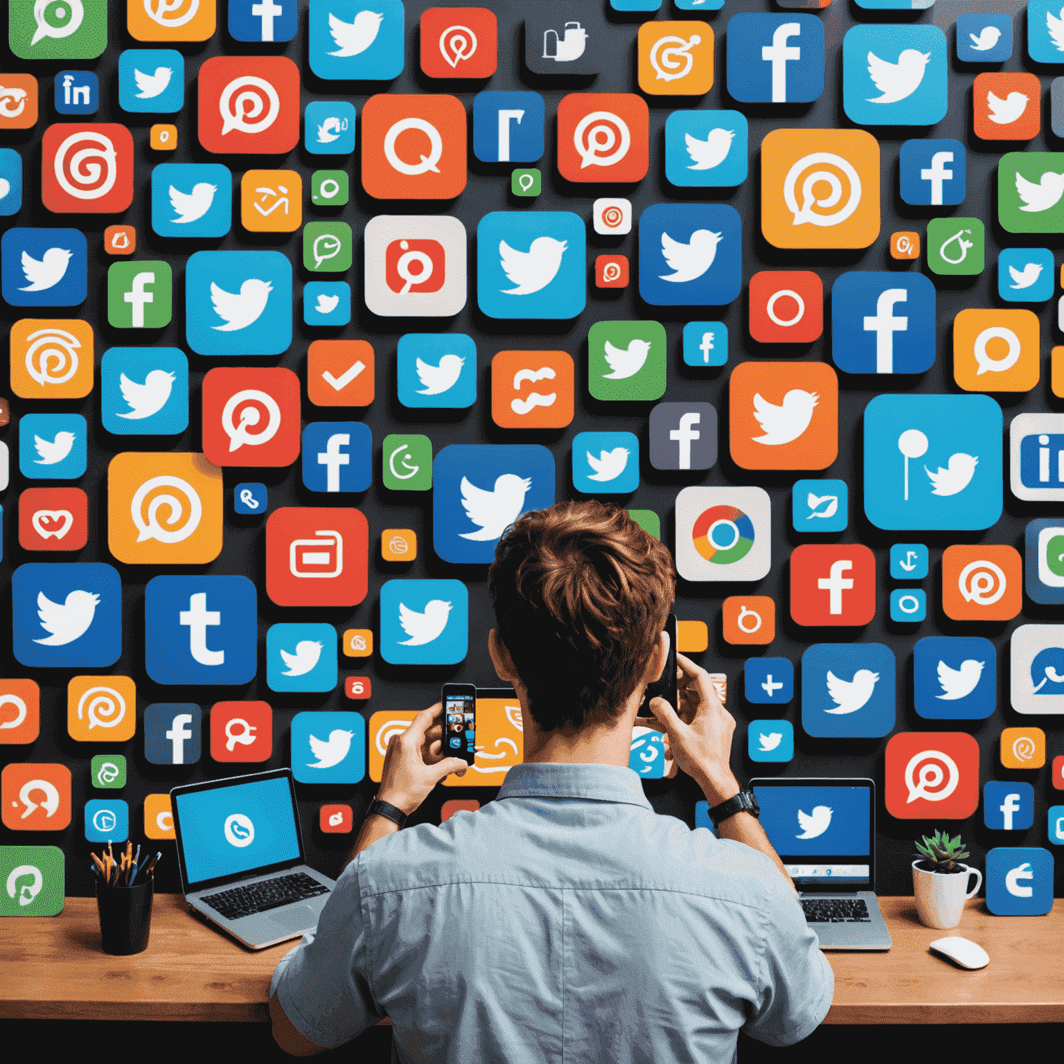 A collage of social media icons and a person managing multiple screens, representing comprehensive social media management across platforms