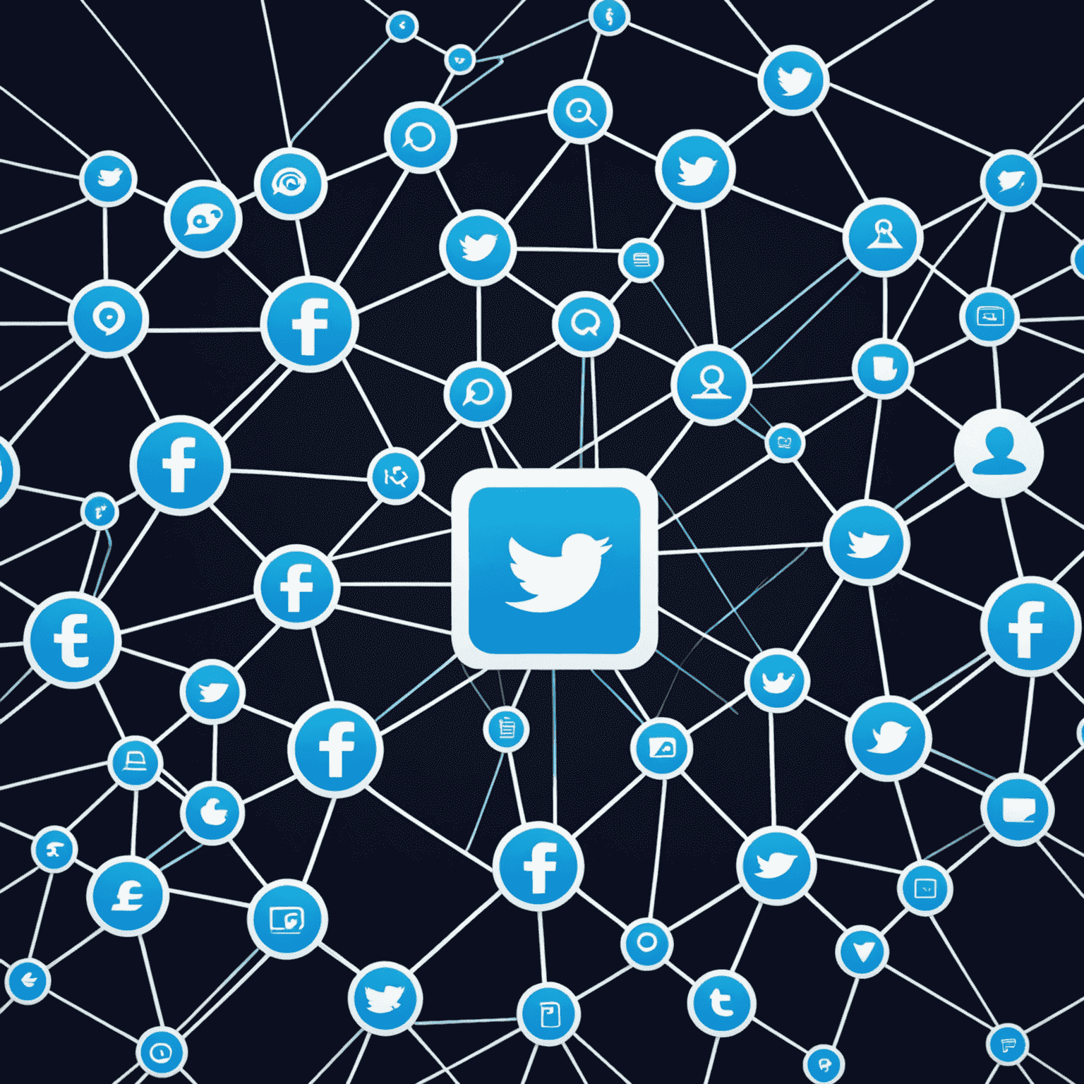 Abstract representation of social media platforms with interconnected nodes and vibrant electric blue background