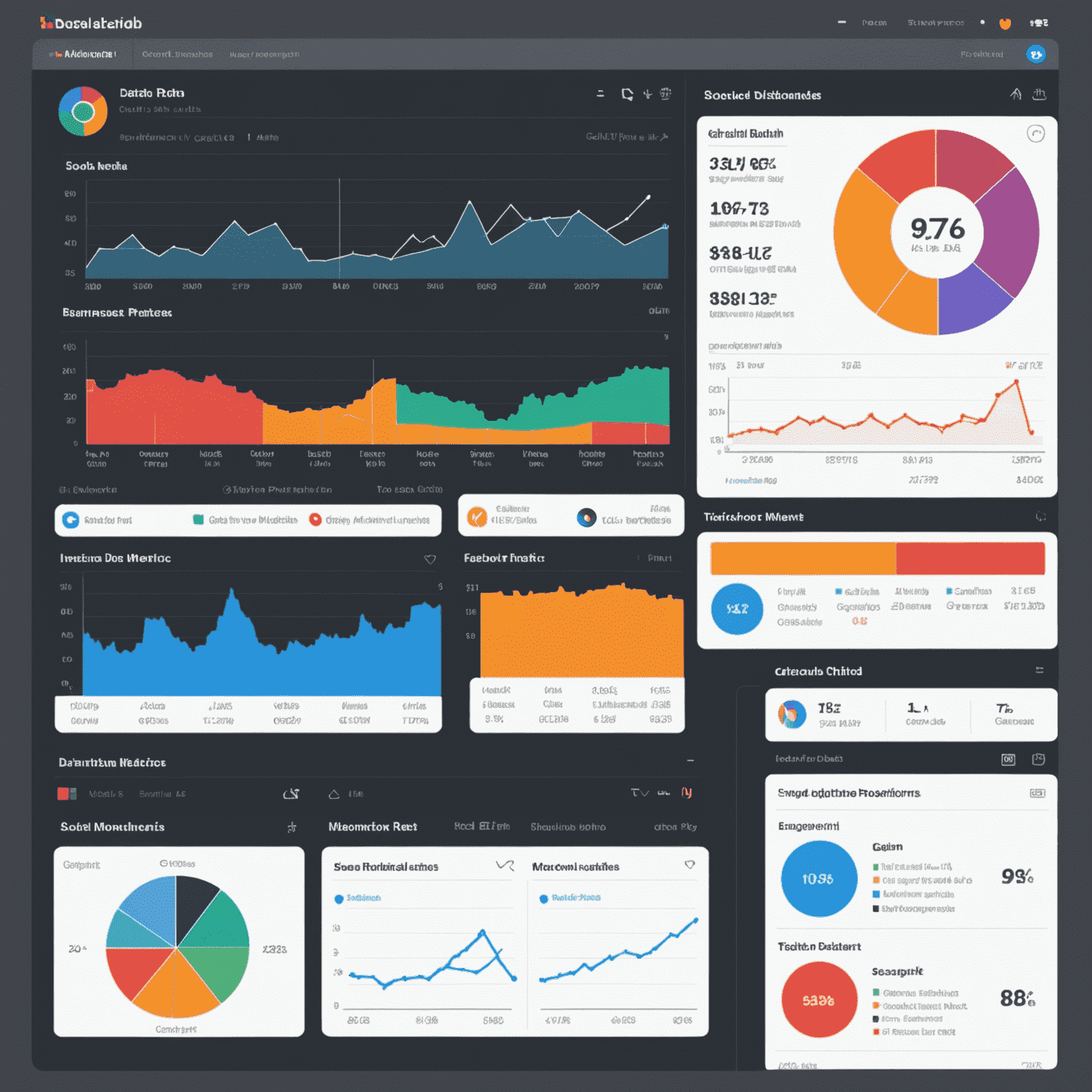 Data visualization dashboard showing various social media metrics such as engagement rates, follower growth, and content performance across multiple platforms. The dashboard features vibrant colors and easy-to-read charts and graphs.