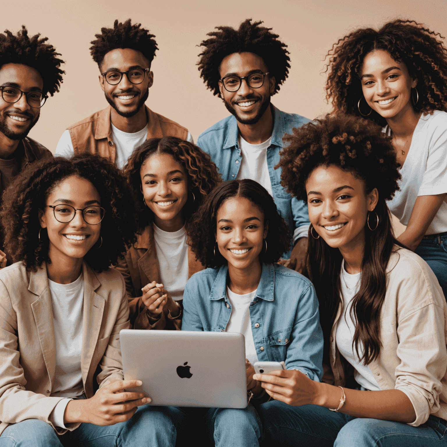 A diverse group of influencers collaborating on a creative content project, showcasing various social media platforms on their devices