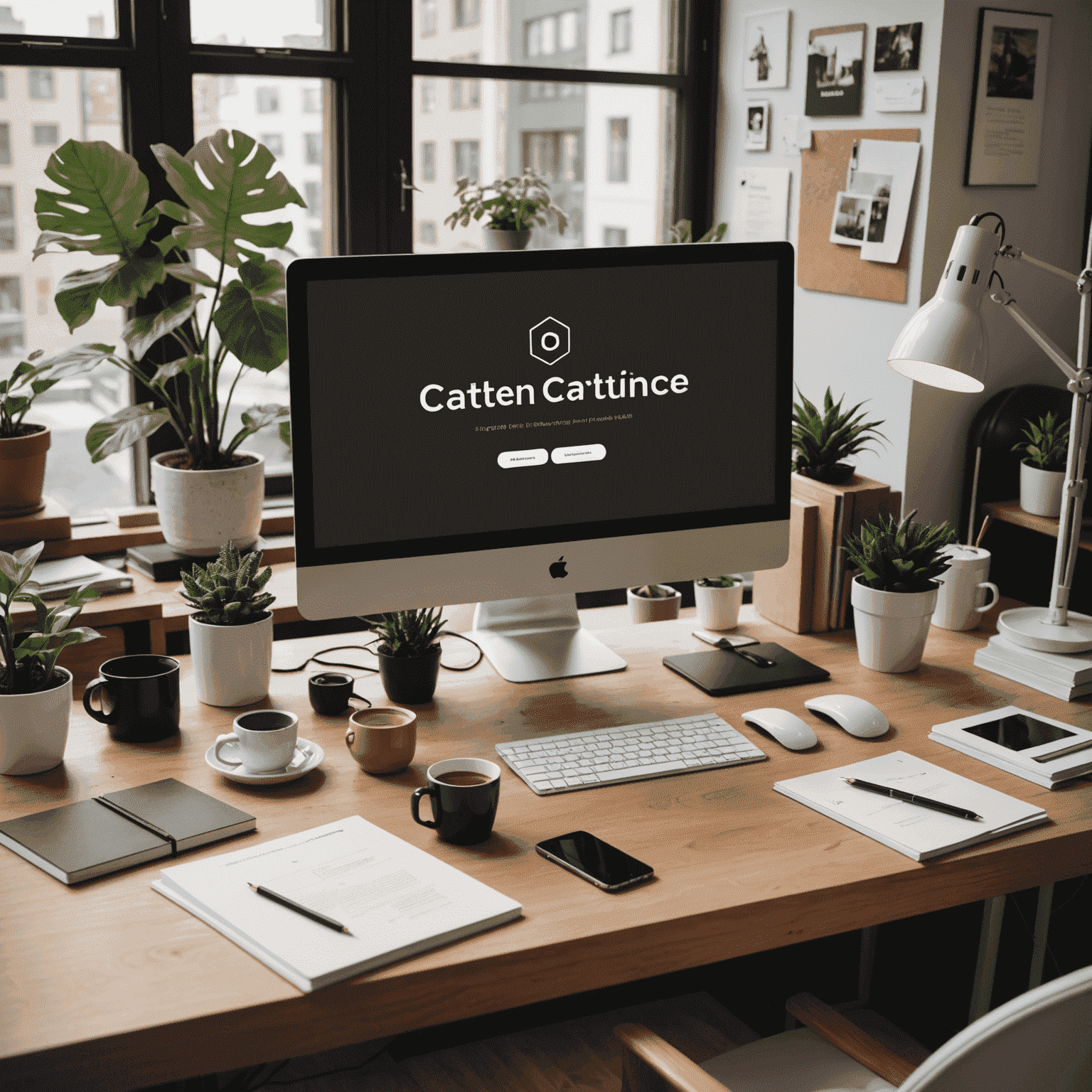 A creative workspace with various content types like videos, images, and text documents, symbolizing professional content creation tailored to brand voice