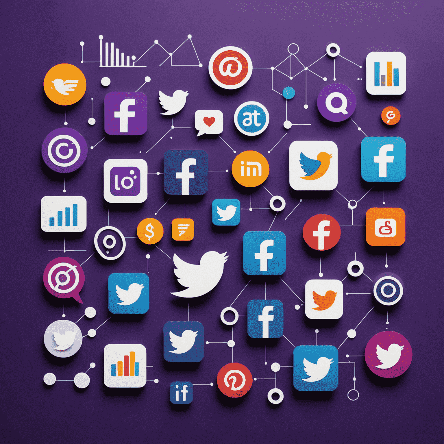 Collage of social media icons and analytics graphs on a deep purple background