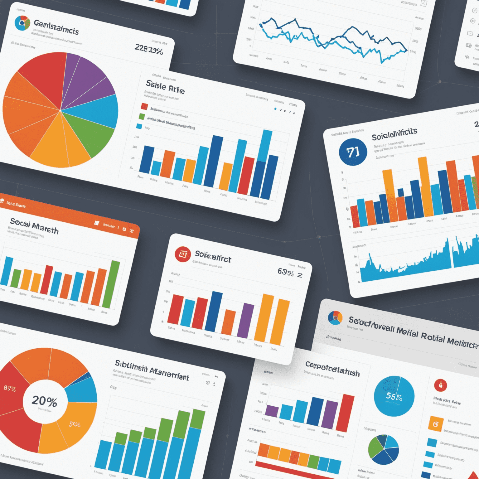 A series of colorful, interactive charts showing social media metrics over time. The charts include line graphs for follower growth, bar charts for engagement rates, and pie charts for audience demographics.