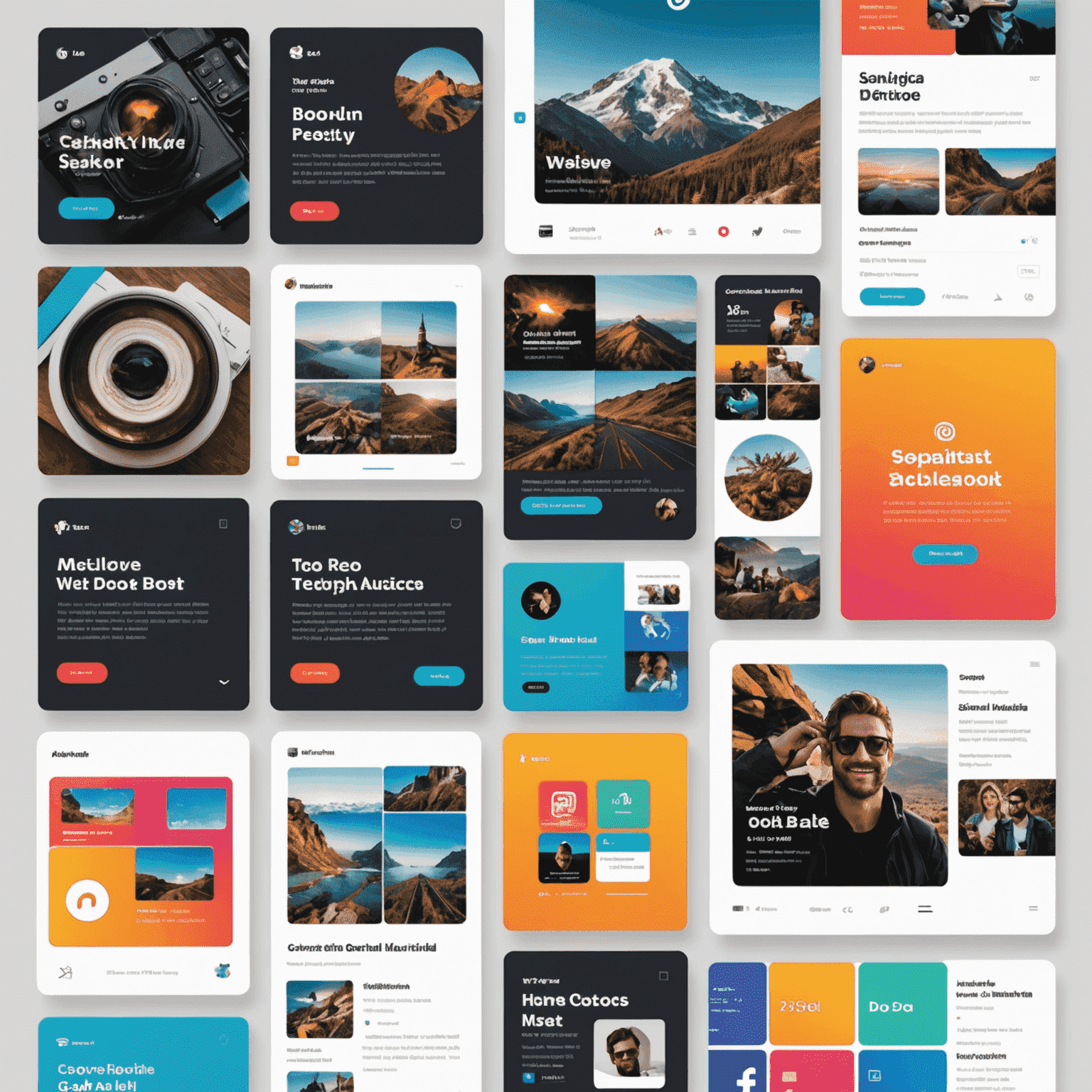 A dynamic grid layout showcasing various social media post designs with bold typography, vibrant colors, and engaging visuals representing different ad formats across platforms