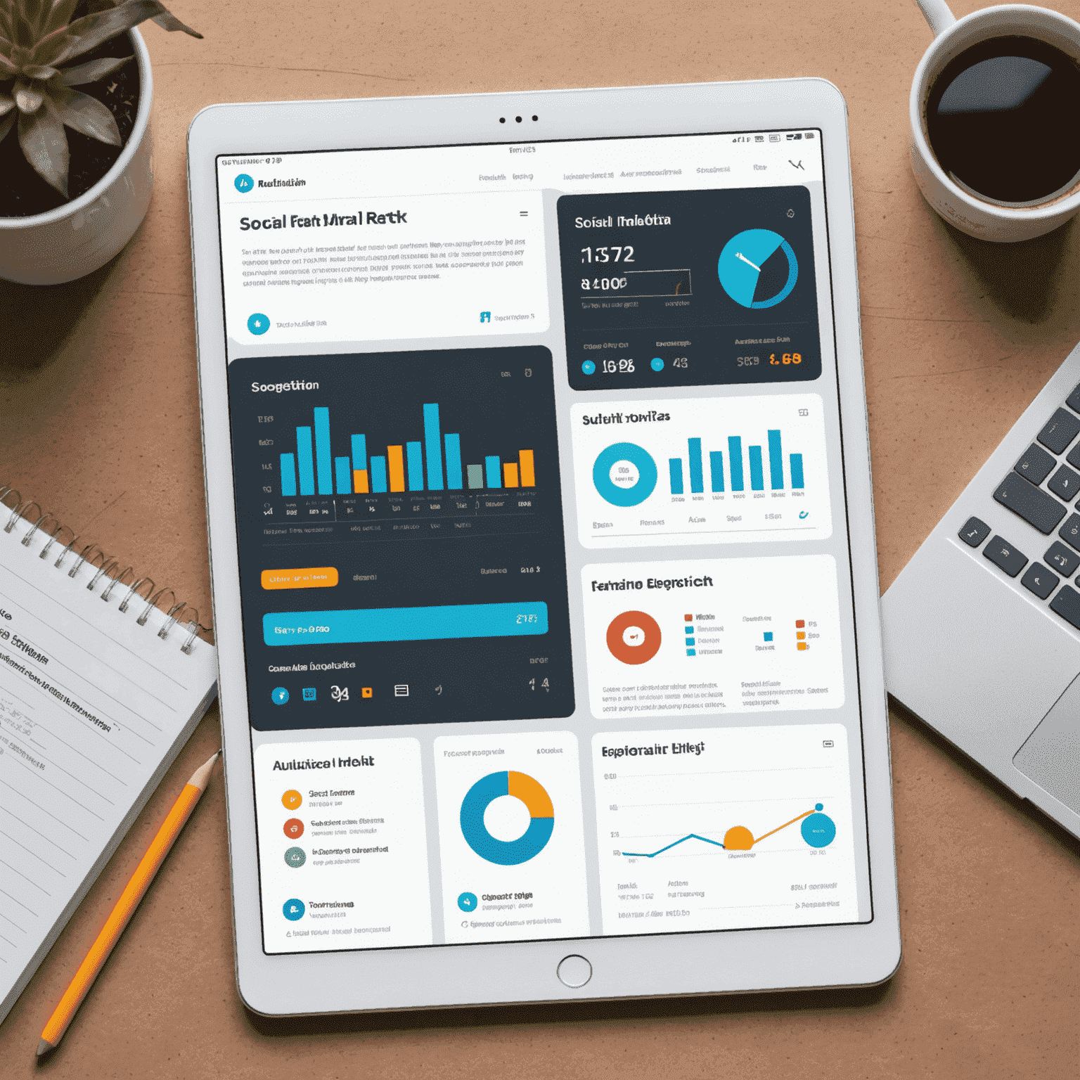 A mockup of a customized social media report with various sections including audience insights, content performance, and competitor analysis. The report features a clean, modern design with bold typography and vibrant infographics.